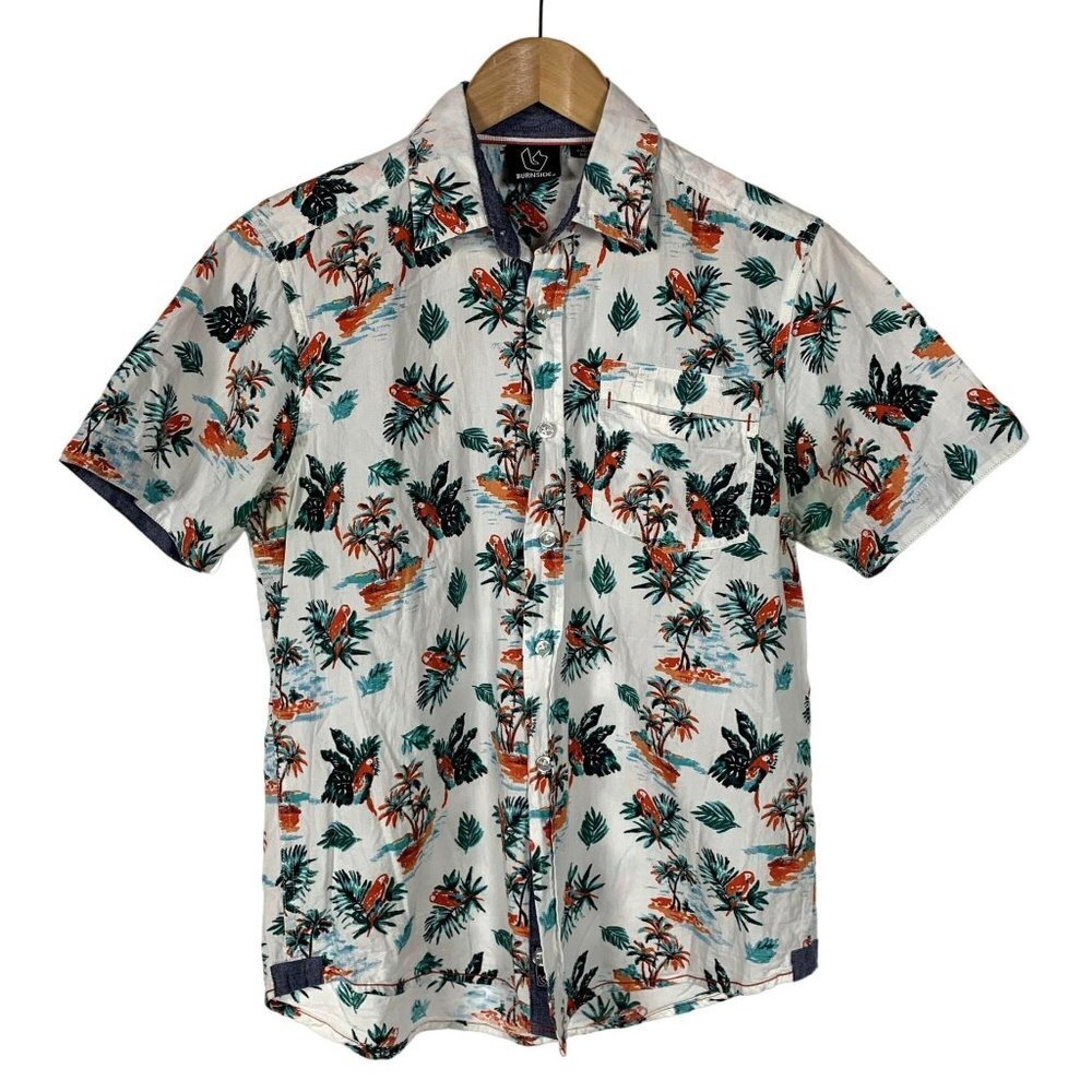 Burnside Parrots and Palm Trees Casual Button Down Hawaiian Shirt Size Small
